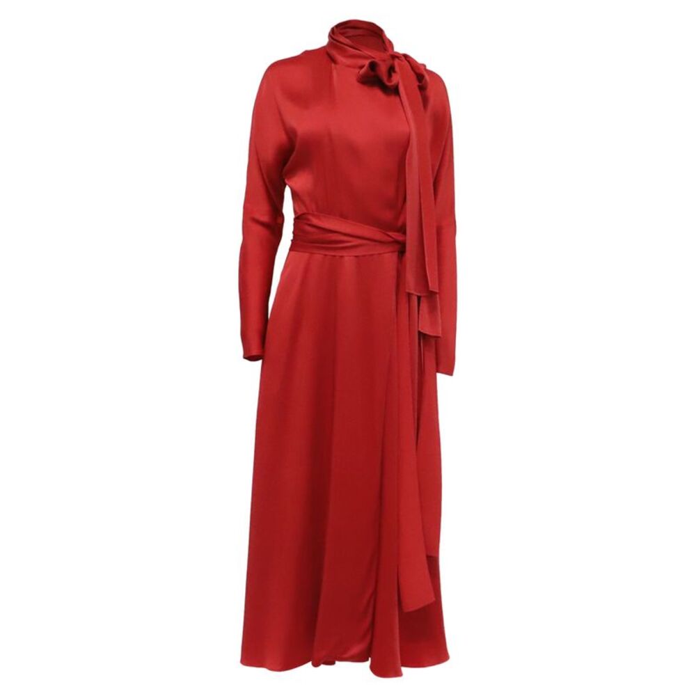 Sies Marjan Tie-Neck Long Sleeve Midi Dress in Red Viscose